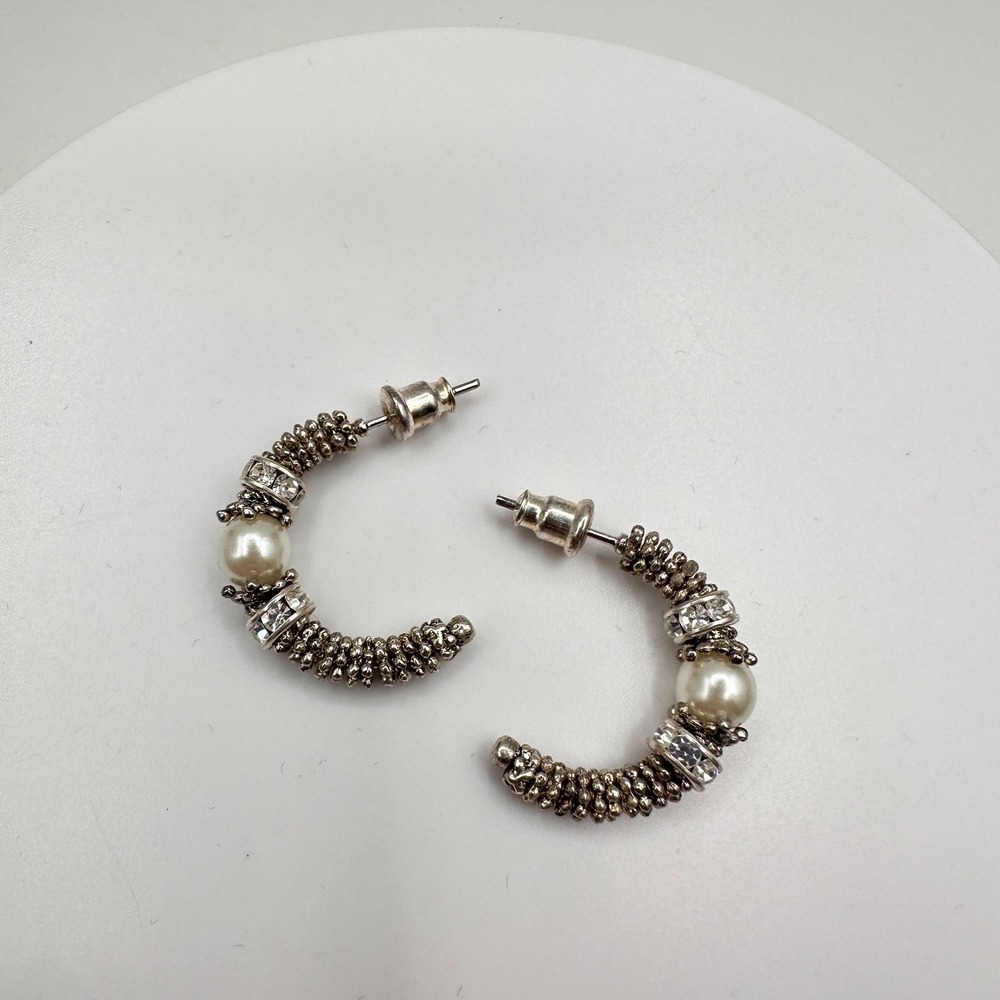 Vintage 80s Chunky Silver-Tone C-Hoop Earrings Faux Pearl Crystal Accent Jewelry